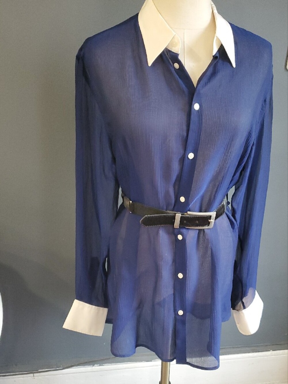 Thomas Pink Navy Sheer Dress Shirt with White Contrast Collar - Picture 9 of 17